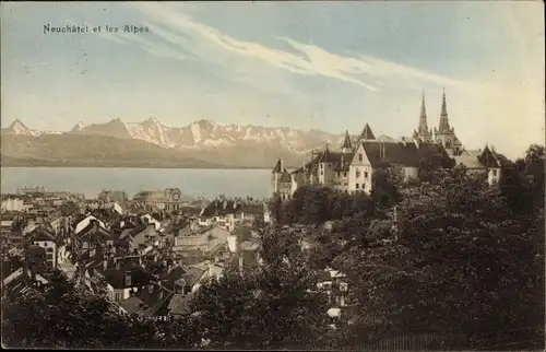 Ak Neuchâtel Neuenburg Stadt, Gesamtansicht, Alpen