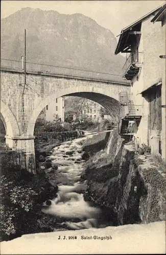 Ak Saint Gingolph Kt. Wallis Schweiz, Wasserpartie, Brücke