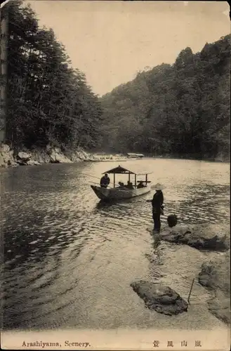 Ak Arashiyama Präfektur Kyoto Japan, Flusspartie, Angler, Ruderboot