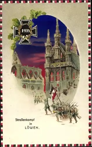 Halt gegen das Licht Relief Ak Louvain Leuven Flämisch Brabant, Straßenkampf, deutsche Soldaten