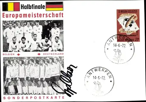 Ak Europameisterschaft Halbfinale, Belgien, Deutschland, Fußballtorhüter Sepp Maier, Autogramm