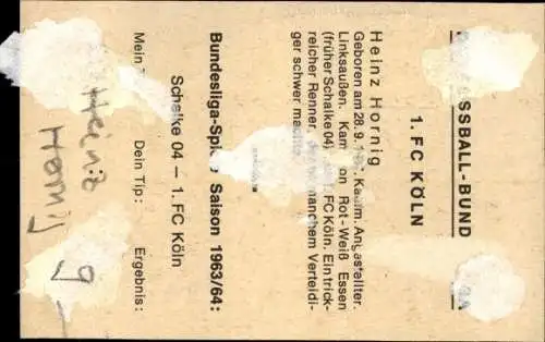 Sammelbild Fußballspieler Heinz Hornig, 1. FC Köln, Fußball, Autogramm