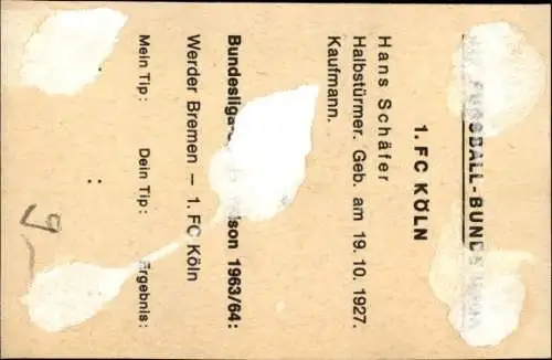Sammelbild Fußballspieler Hans Schäfer, 1. FC Köln, Fußball, Autogramm