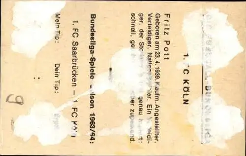 Sammelbild Fußballspieler Fritz Pott, 1. FC Köln, Fußball, Autogramm