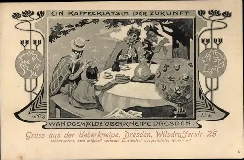 Jugendstil Ak Dresden, Ueberkneipe, Wilsdruffer Straße 25, Wandgemälde Kaffeeklatsch der Zukunft