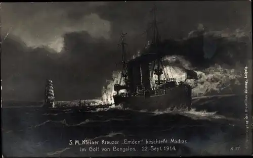 Ak Deutsches Kriegsschiff, SMS Emden, Kleiner Kreuzer, Dresden Klasse, beschießt Madras, 22.09.1914