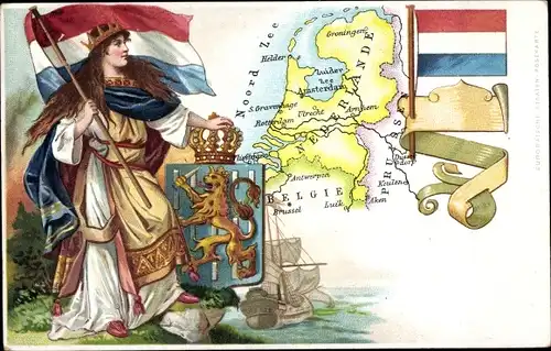 Landkarten Wappen Litho Niederlande, Allegorie, Fahnen