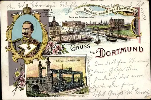 Litho Dortmund im Ruhrgebiet, Schiffshebewerk, Kaiser Wilhelm II., Hafen