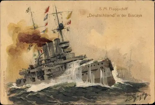 Künstler Litho Bohrdt, Hans, Deutsches Kriegsschiff, SMS Deutschland, Flaggschiff in der Biscaya