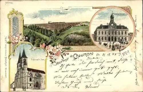 Ak Litho Chaumont Haute Marne, Viadukt, Rathaus, Kirche