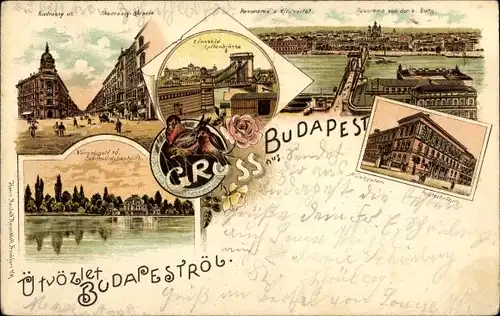 Litho Budapest Ungarn, Panorama, Teichblick, Polytechnikum, Kettenbrücke