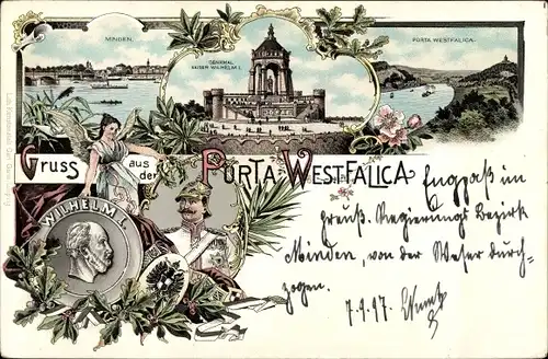 Litho Porta Westfalica an der Weser, Denkmal Kaiser Wilhelm I., Minden, Eichenlaub