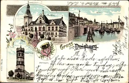 Litho Duisburg im Ruhrgebiet, Rathaus, Hafen, Wasserturm, Stadtwappen