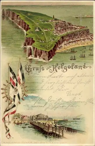 Litho Nordseeinsel Helgoland, Luftbild der Insel, Seebrücke, Fahnen