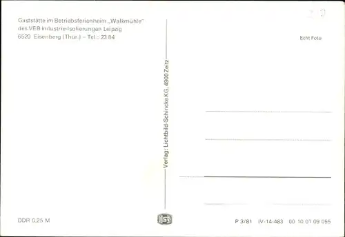 Ak Eisenberg Thüringen, Gaststätte Betriebsferienheim Walkmühle VEB Industrie-Isolierungen Leipzig