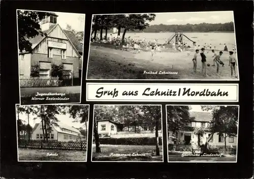 Ak Lehnitz Nordbahn Oranienburg, Jugendherberge Werner Seelenbinder, Freibad Lehnitzsee, Schule
