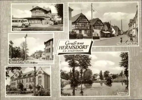 Ak Hermsdorf in Thüringen, Bahnhof, Bus, Friedrich Engels Straße, Friedensschule