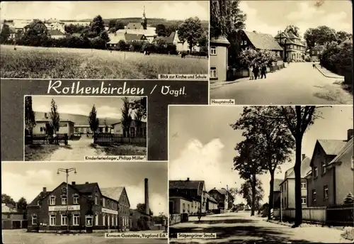 Ak Rothenkirchen im Vogtland, Kirche, Schule, Gasthaus Vogtland Eck, Ferienlager Philipp Müller