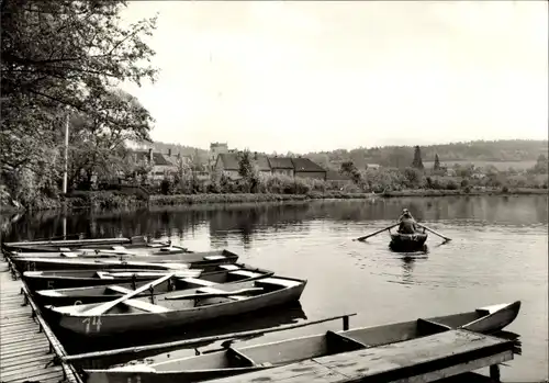 Ak Hainspitz in Thüringen, Gondelstation am See, Ruderboote