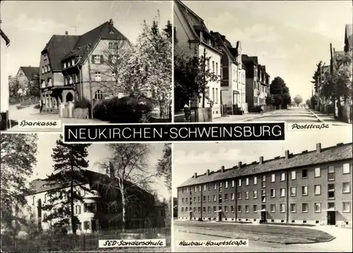 Ak Schweinsburg Neukirchen Pleiße, Sparkasse, Poststraße, SED Sonderschule, Neubau Hauptstraße