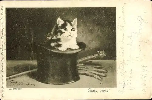 Künstler Ak Dreher, A., Schau, schau, Katze in einem Zylinder