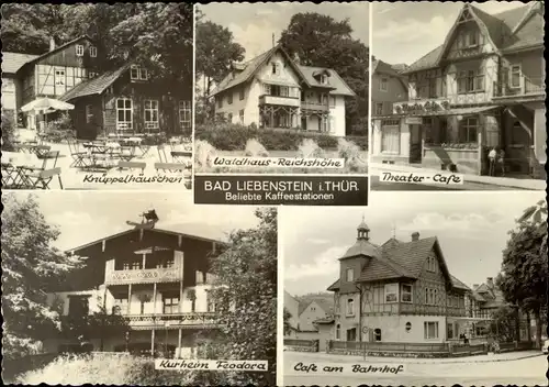 Ak Bad Liebenstein, Knüppelhäuschen, Waldhaus Reichshöhe, Theater-Cafe, Kurheim Feodora