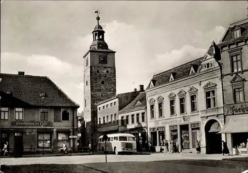 Ak Salzelmen Schönebeck an der Elbe, Platz der DSF, Conditorei Cafe, HO Verkaufstelle, Bus