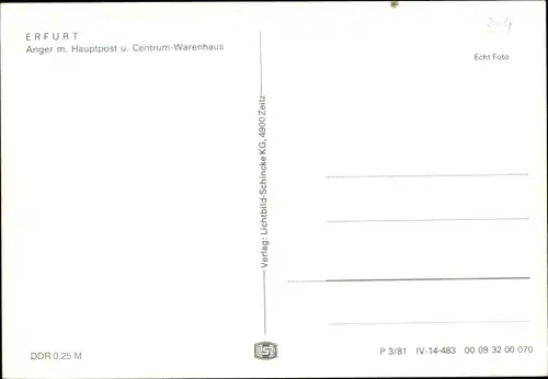 Ak Erfurt in Thüringen, Anger, Hauptpost, Centrum-Warenhaus