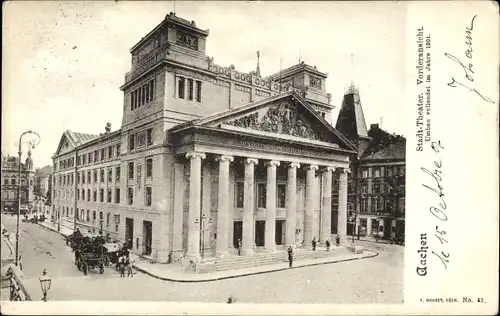 Ak Aachen in Nordrhein Westfalen, Stadttheater, Vorderansicht, Kutsche