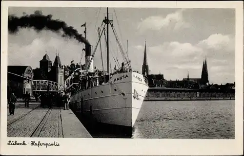 Ak Hansestadt Lübeck, Hafenpartie, Schiff Hansa