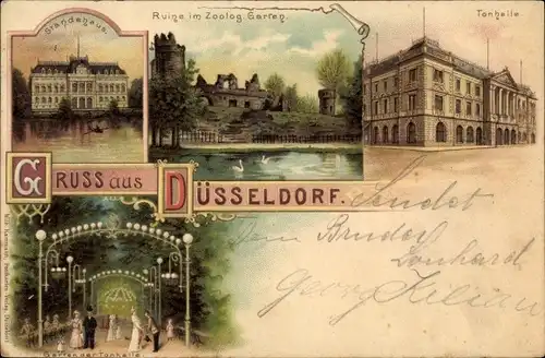 Litho Düsseldorf am Rhein, Ständehaus, Ruine im Zoologischen Garten, Tonhalle