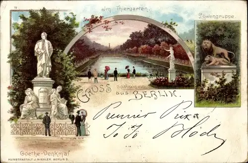 Litho Berlin Tiergarten, Goldfischteich, Löwengruppe, Goethe Denkmal
