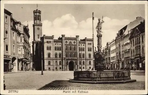 Ak Zittau Sachsen, Markt mit Rathaus und Brunnen