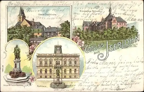 Litho Iserlohn im Märkischen Kreis, Obere Stadtkirche, Krankenhaus, Rathaus, Kaiser Wilhelm Denkmal