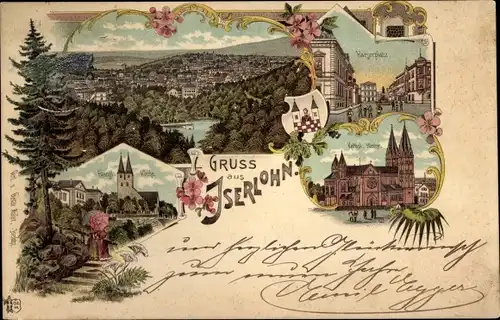 Litho Iserlohn im Märkischen Kreis, Kaiserplatz, Kath. Kirche, Gesamtansicht