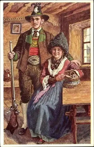 Künstler Ak Ehepaar in österreichischer Volkstracht, Jäger, Jagdgewehr, Wohnstube