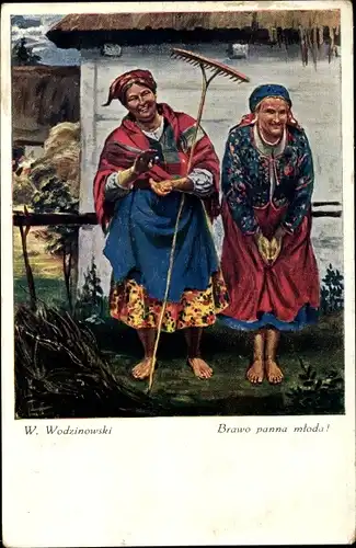 Künstler Ak Wodzinowski, W., Polnische Landfrauen in Tracht, Harke