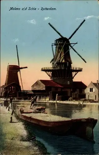 Ak Rotterdam Südholland Niederlande, Windmühlen, Schie