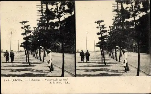 Stereo Ak Yokohama Präf. Kanagawa Japan, Strandpromenade