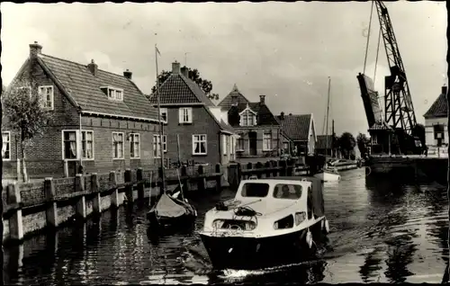 Ak Ossenzijl Overijssel, Hotel Restaurant Stuitje, Hebebrücke, Motorboot