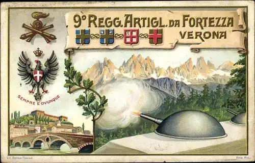 Ak Verona Veneto, 9. Regt. Art. da Fortezza, Wappen, Kanonen, Stadt, Schloss