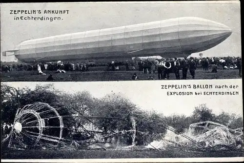 Ak Leinfelden Echterdingen, Zeppelin bei der Ankuft, Ballon nach der Explosion