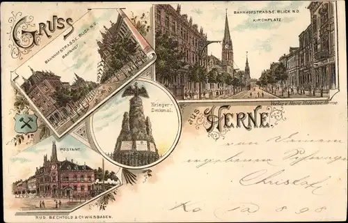 Litho Herne im Ruhrgebiet Westfalen, Kriegerdenkmal, Postamt, Bahnhofstraße, Kirchplatz