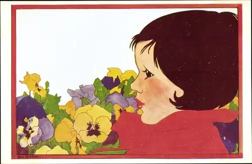 Künstler Ak Cramer, Rie, Kind, Stiefmütterchen