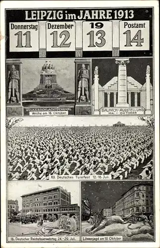 Ak Leipzig, 11.12.1913, Postamt 14, Völkerschlachtdenkmal, 12. Dt. Turnfest, Baufachausstellung