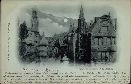 Mondschein Ak Bruges Brügge Flandern Westflandern, Le Quai du Rosaire et le Beffroi