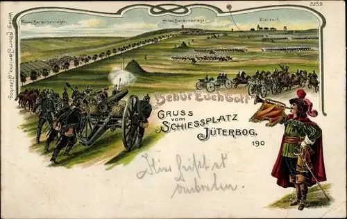 Litho Jüterbog in Brandenburg, Gruß vom Schießplatz, Trompeter von Säckingen