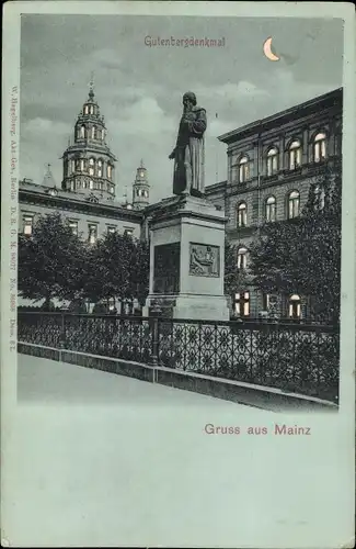 Halt gegen das Licht Mondschein Ak Mainz am Rhein, Gutenbergdenkmal, Nacht