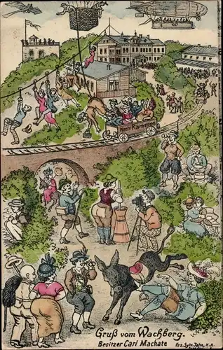 Künstler Ak Dresden Wachwitz, Wachberg, Ausflugsort, Zeppelin, Seilbahn