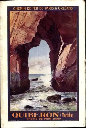 Künstler Ak Quiberon Morbihan, Grotte de Port Bara, Chemin de Fer de Paris a Orleans, Reklame